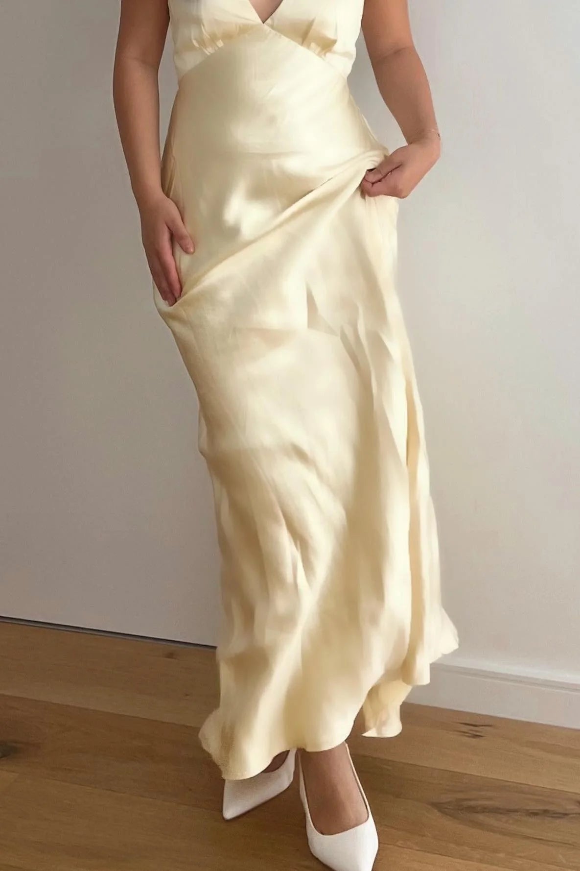 Robe Weitese en satin jaune à col en V et dos bénitier, robe de soirée fourreau longue, robe de bal